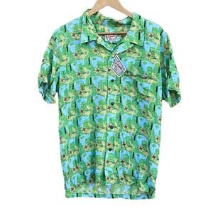 Atomik Tiki "FIJI" green button front short sleeve shirt size Large NEW
